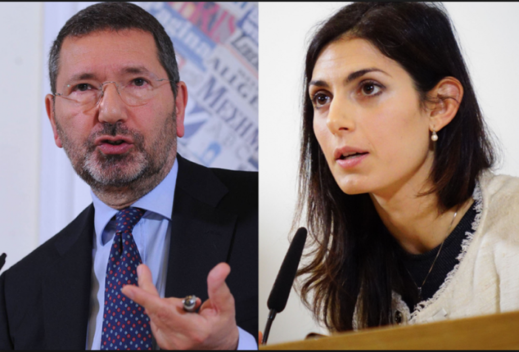 Una foto divisa in due raffigurante Ignazio Marino e Virginia Raggi