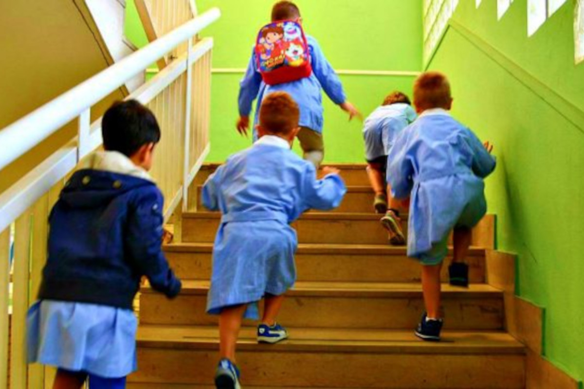 Bambini salgono le scale dell'asilo, scuola materna