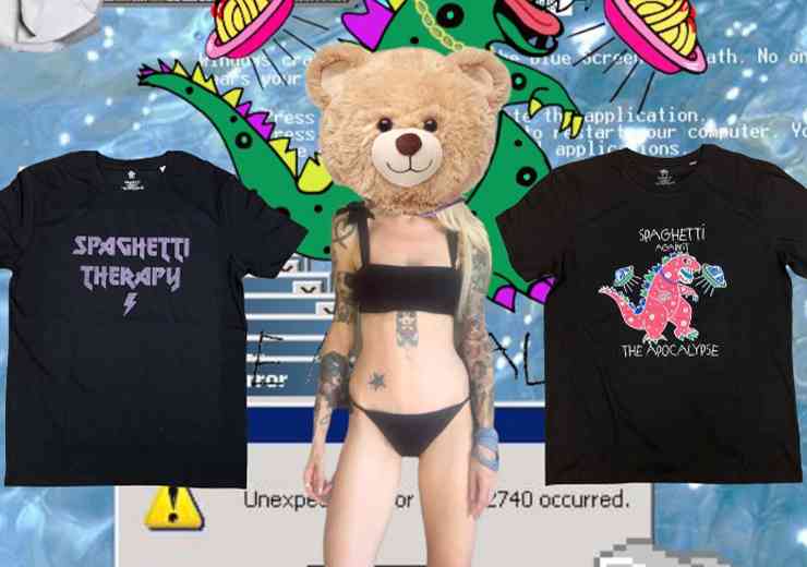Composizione digitale magliette Spaghetti Against the Apocalypse e corpo femminile