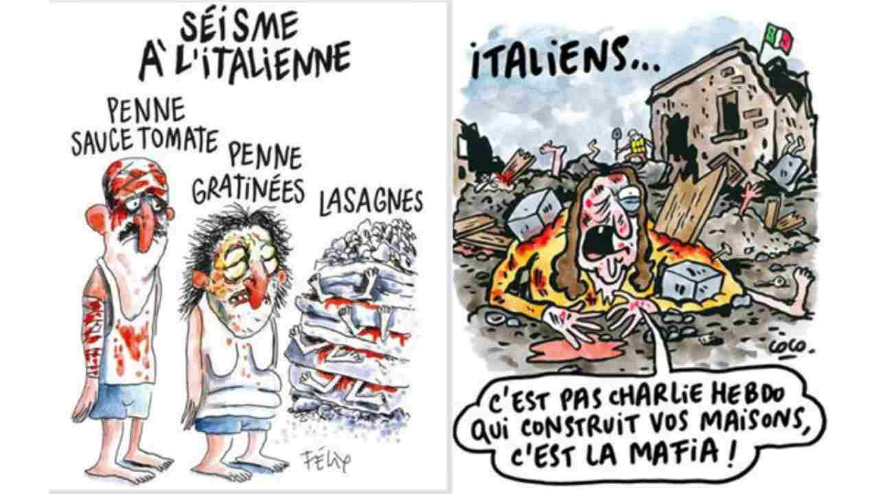Vignetta della rivista francese Charlie Hebdo sul terremoto del 2016 del Centro Italia