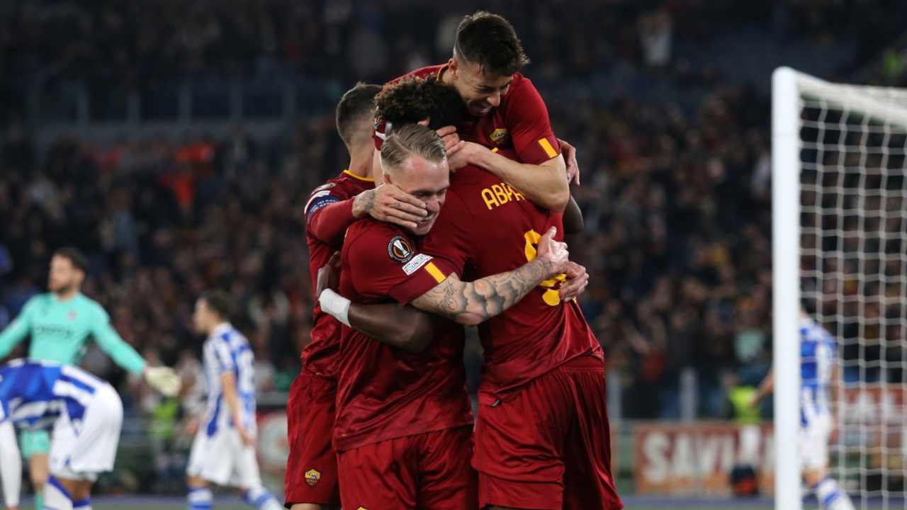 Roma-Real Sociedad: i festeggiamenti sul gol