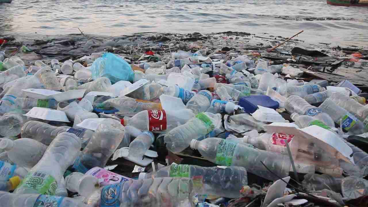 Bottiglie e contenitori di plastica sulla riva del mare