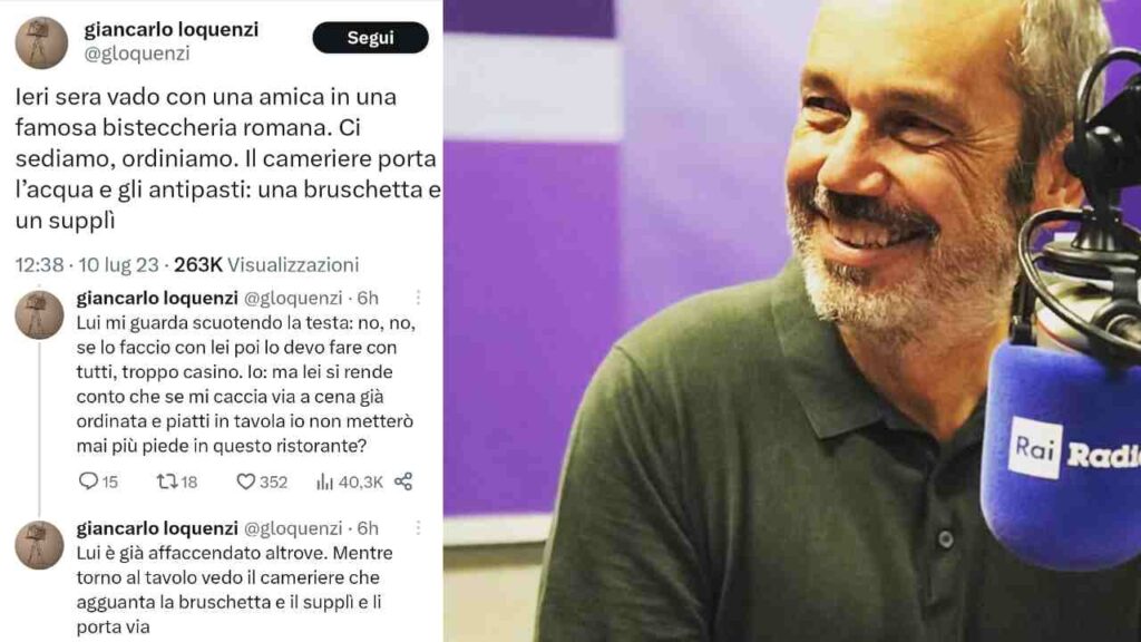 Un collage di foto con i post su Twitter e la foto di Giancarlo Loquenzi