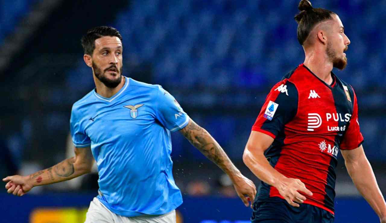 Luis Alberto e Dragusin si contendono il pallone nella partita di calcio di serie A all'Olimpico tra Lazio e Genoa
