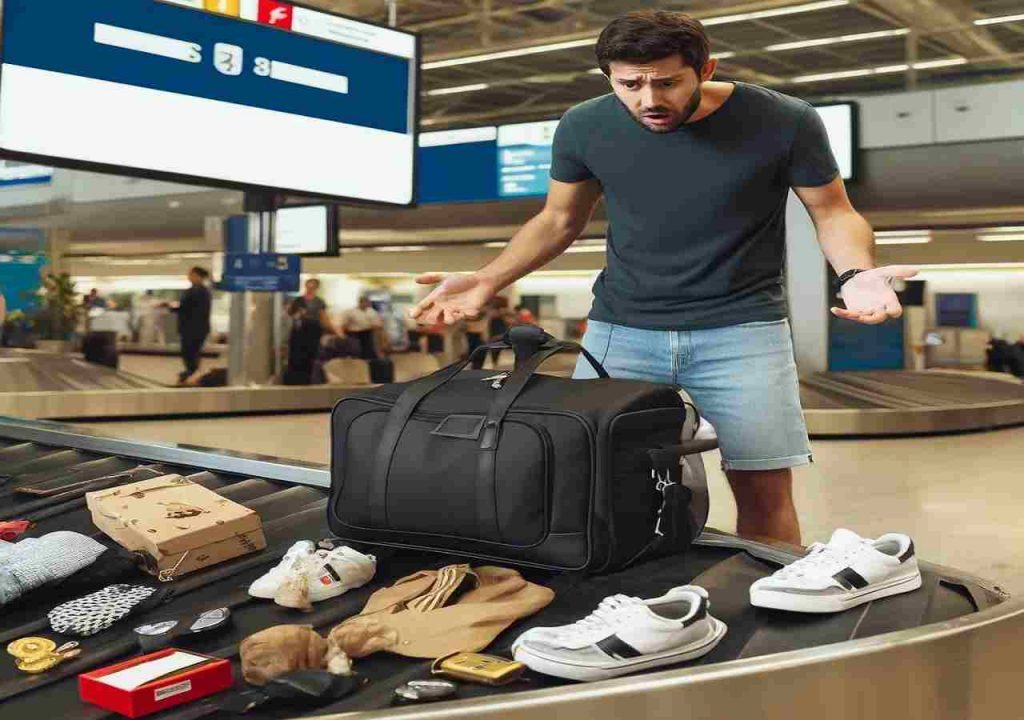 Passeggero aereo ritira il bagaglio in aeroporto