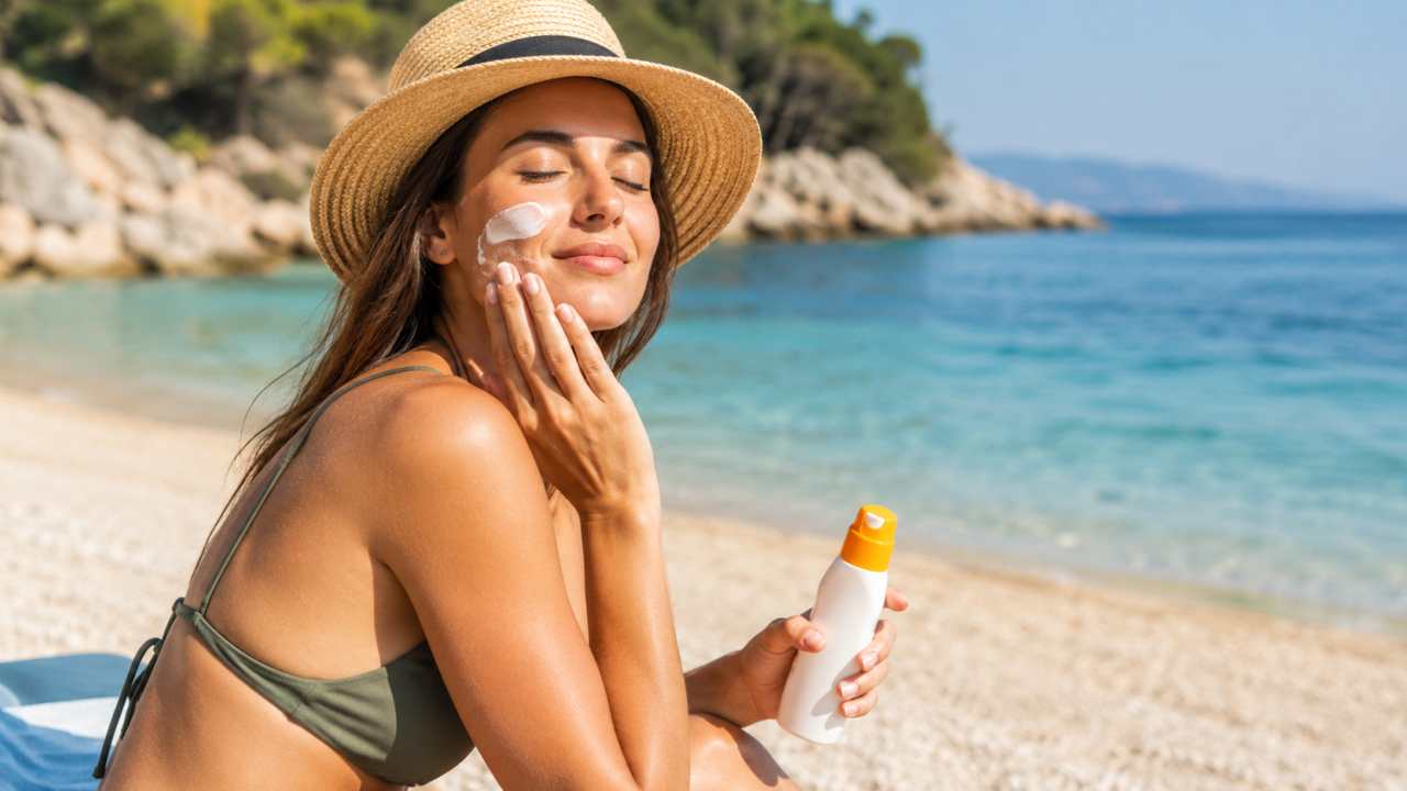 Donna al mare con crema solare