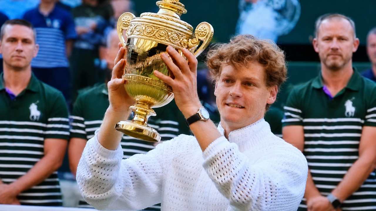 Jannik Sinner, alza la coppa a Wimbledon