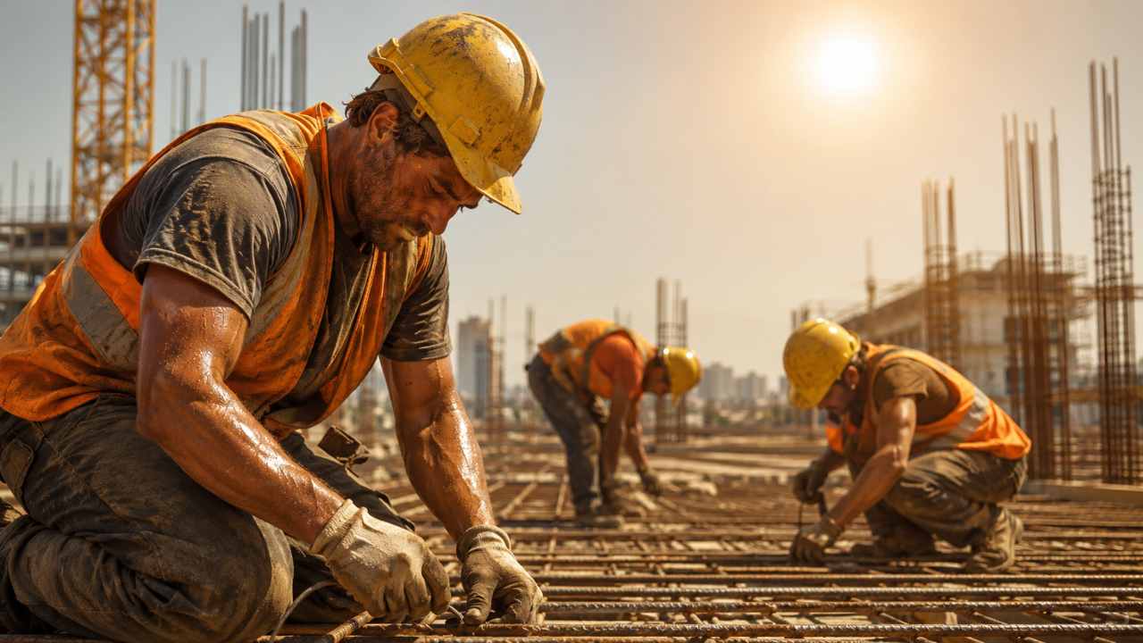 Operai al lavoro nei cantieri edili durante le ondate di calore intenso