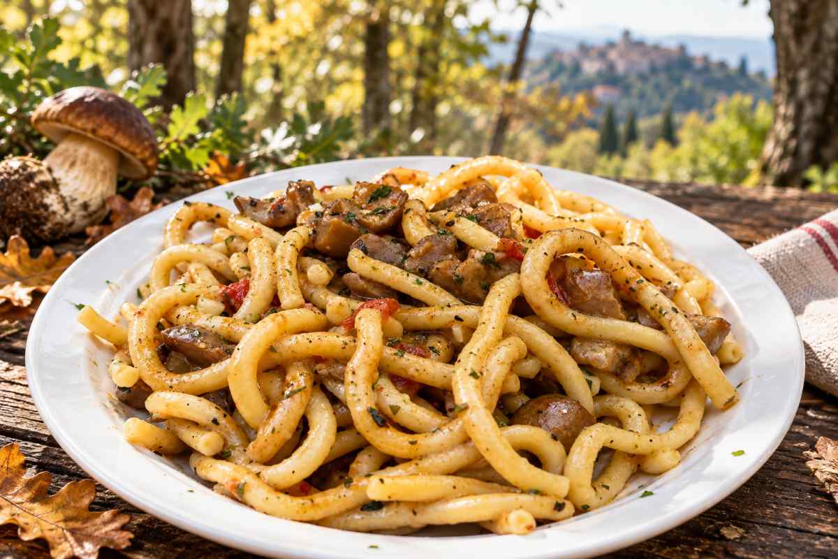 Piatto di gnocchi lunghi ai funghi porcini